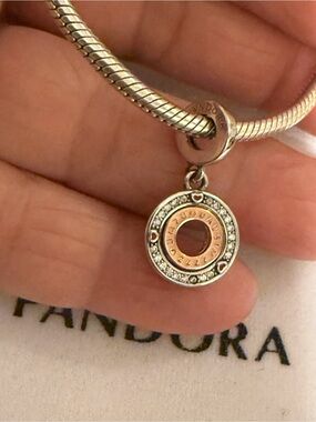 Pandora Two-Tone Circle Dangle Charm in Silver and Rose Gold with Clear Stones